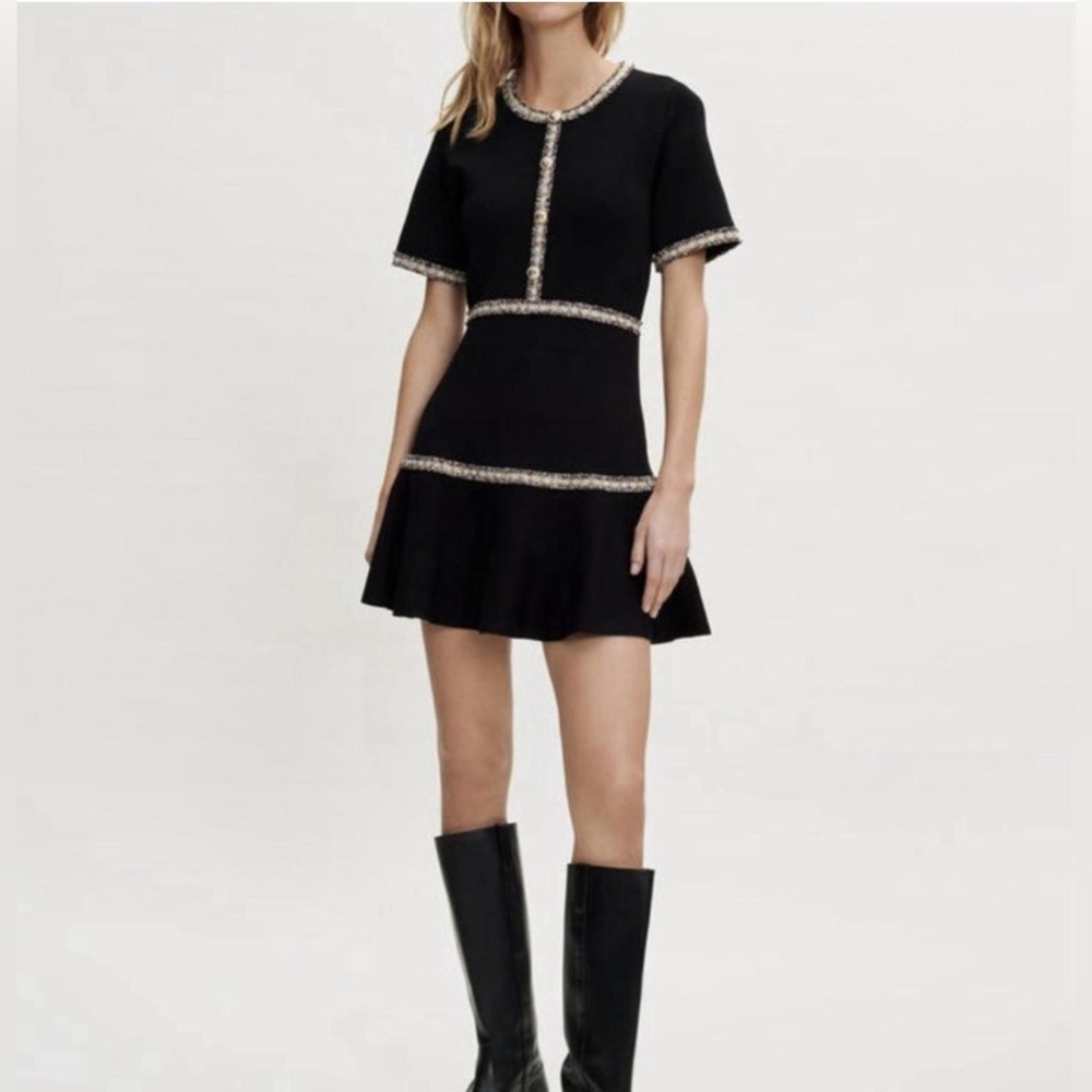 Maje Black Short-Sleeve Mini Dress with Metallic Trim